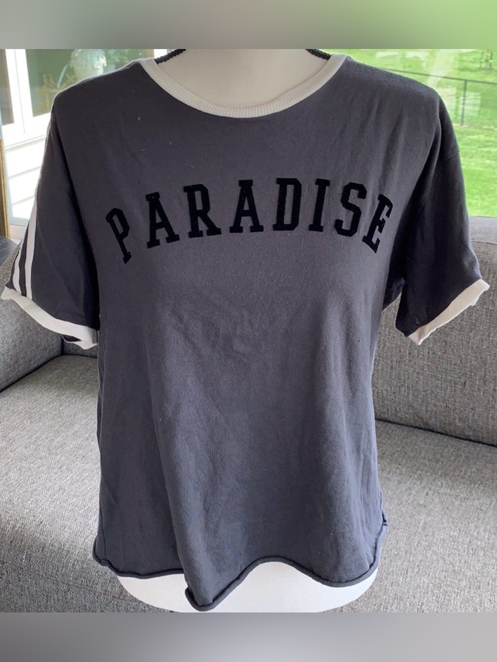 American Eagle Grey Paradise Ringer Tee Shirt Varsity Stripe M
